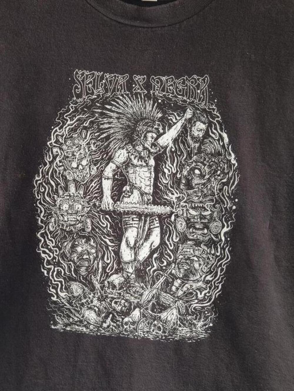 SELVA NEGRA DEATH METAL MEXICAN BAND AZTEC WOODCUT BLACK T SHIRT MEDIUM RARE
